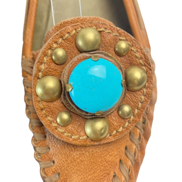 Miu Miu Designer Turquoise Stone Leather Pointy Moccasins Loafers in Tan Size 39 - Picture 3 of 9